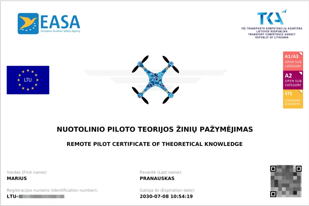 Drono piloto pažymėjimas